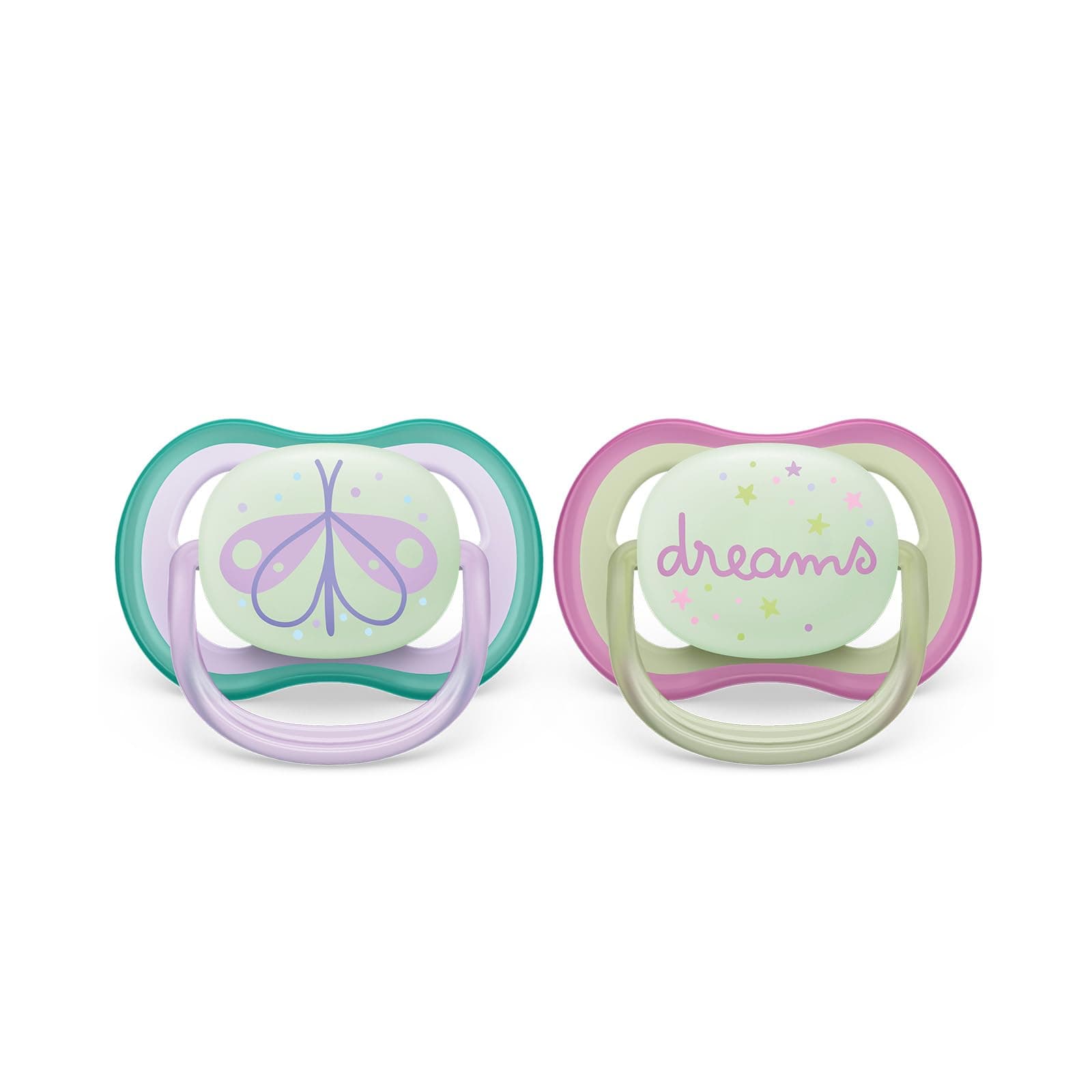 AVENT Ultra Air Nighttime Soothers - Pack of 2, BPA-Free, Breathable, Glow in the Dark Pacifier for Babies from 0-6 Months, Includes Transport and Sterilisation Box