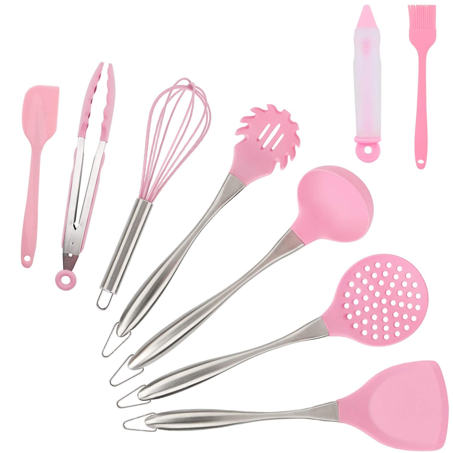 Kitchen Utensil Set, NiceCode 9 Piece Cooking Utensils Silicone and Stainless Steel Kitchen Gadgets Cooking Tool Non Stick Cookware Pink