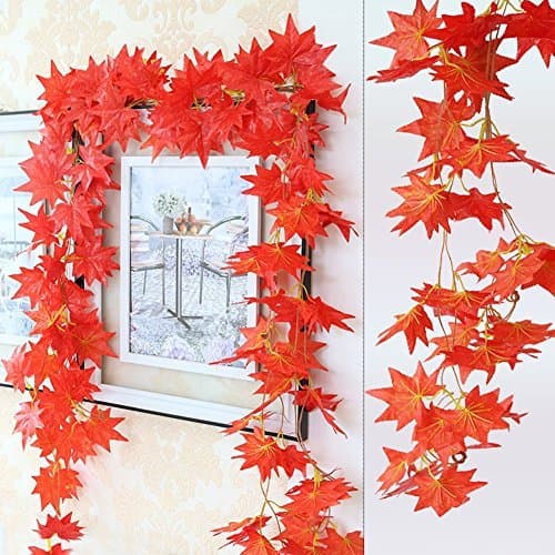 Meiliy 2 Pack 8.2 FT Big Leaf Maple Rattan Leaves Vine Fake Foliage Leaf Flowers Plants Artificial Flower Home Hotel Office Wedding Party Garden Craft Art Decor Red ML-017