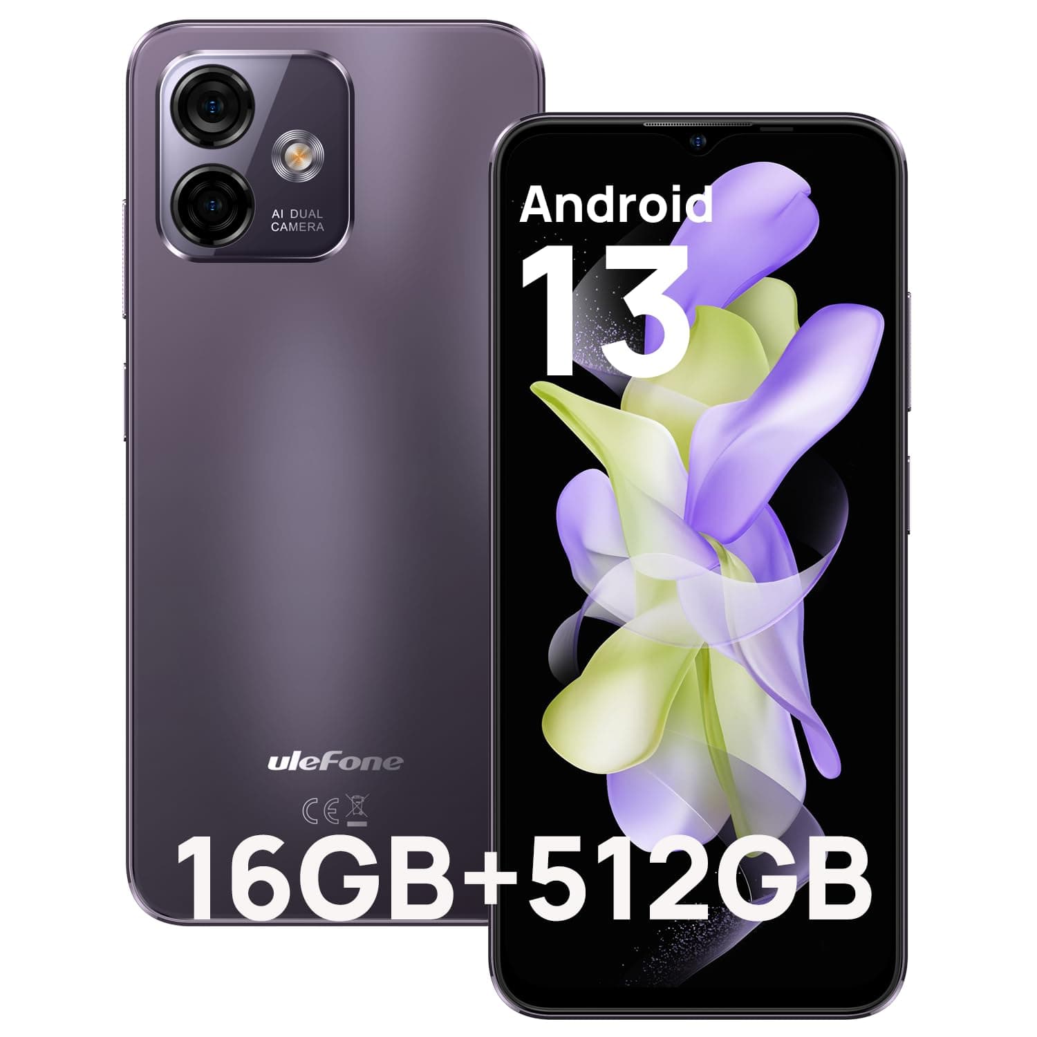 UlefoneNote 16 Pro 512GB ROM 16GB RAM Mobile Phones SIM Free Unlocked, Android 13, 50MP AI Camera, 4G Dual SIM Free Phone, 6.52" Screen, 4400mAh, Fingerprint Face ID, GPS OTG, UK Version, Purple