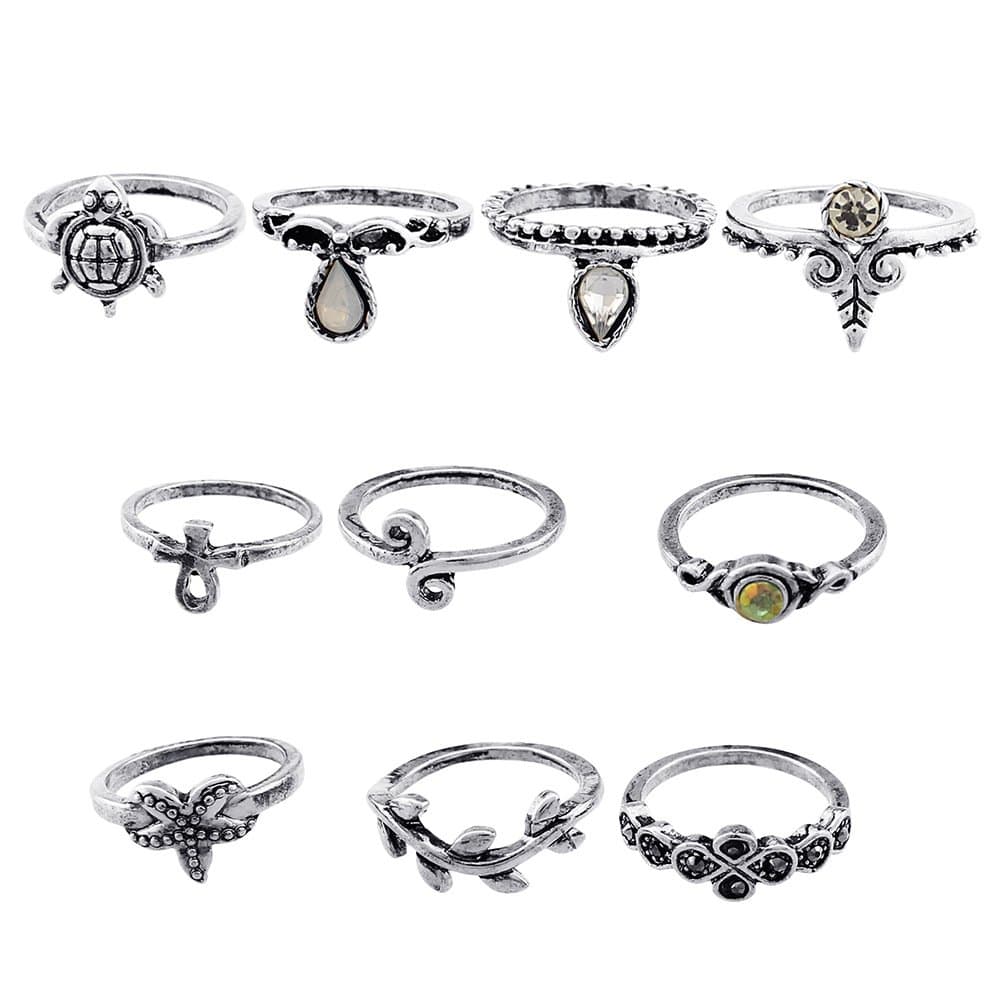 10 Pcs Vintage Women Mid Ring Set Bohemian Starfish Rhinestone Joint Knuckle Nail Midi Ring Set
