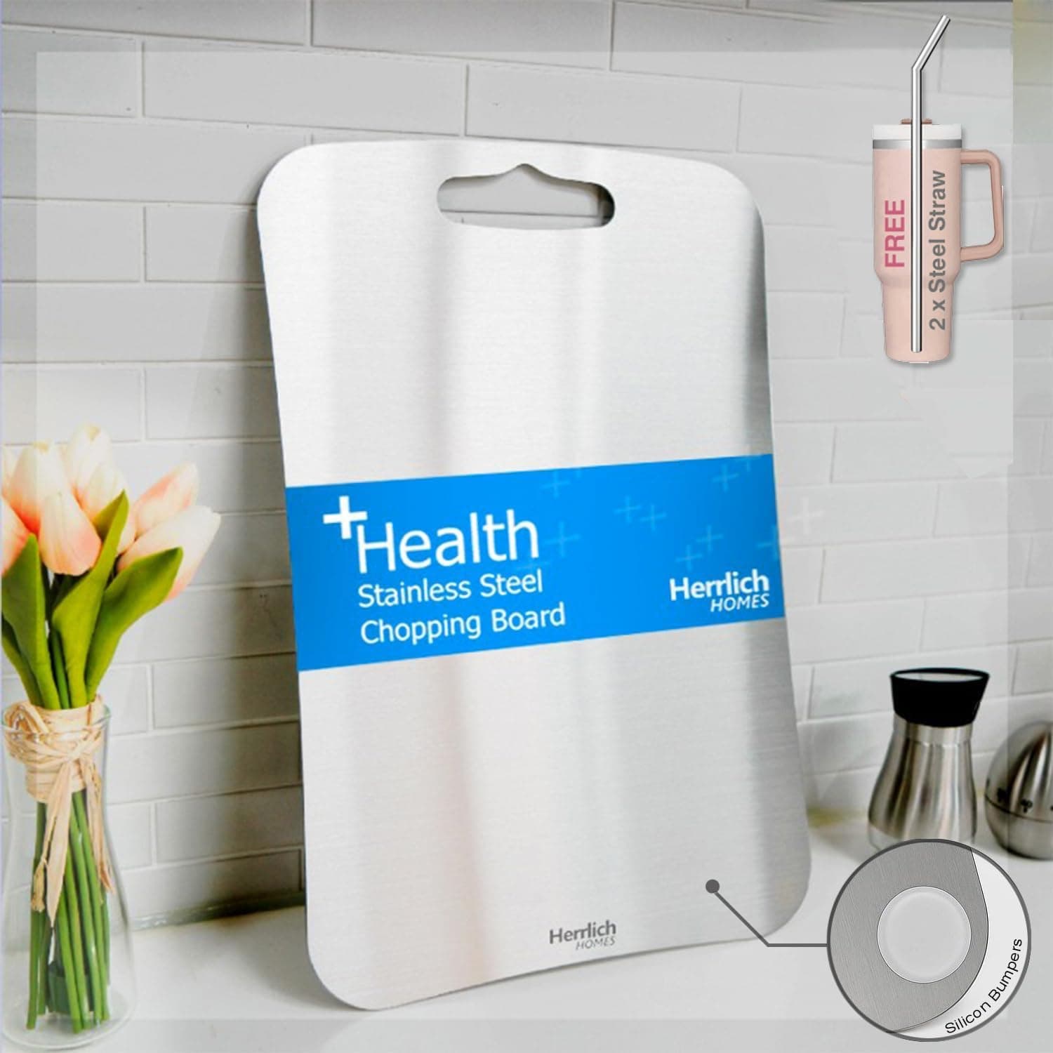 - Herrlich Homes Rectangular Stainless Steel Chopping Board for Kitchen | Free 2 Steel Straw | Chopping Board for Cutting Vegetables, Meat, Fish, Fruits |Unbreakable | Easy to Clean | Large | 25 X 35 cm