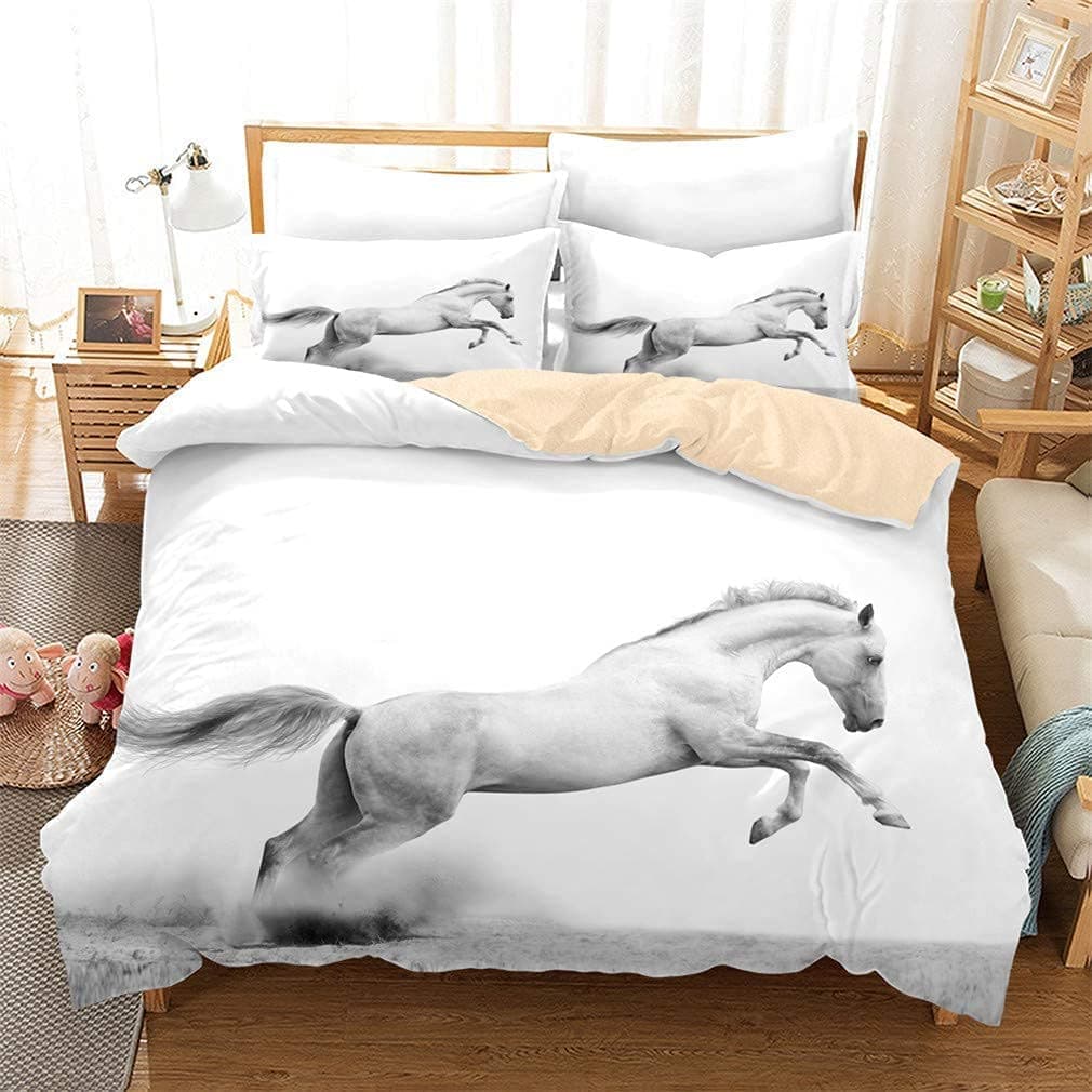 3D Horse Duvet Cover Set Full Art White Bedding Sets 3 Piece Personality Quilt Cover Set with Pillowcase Soft Microfiber Decoration Room Home (Full -Style 17)