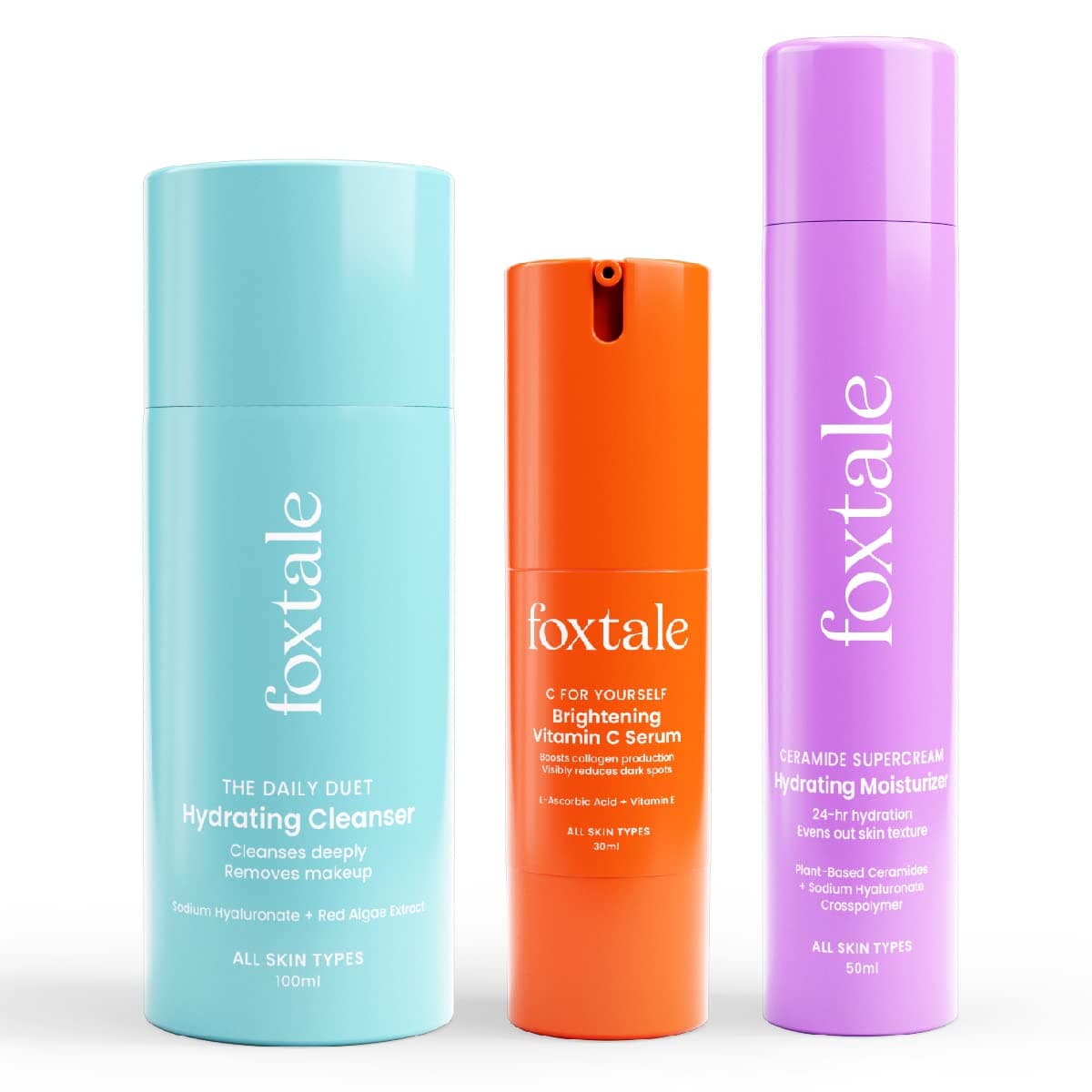 Foxtale Hydraglow Trio Skin Care Kit | Cleanser Face Wash 100ml + Ceramide Moisturizer 50ml + Vitamin C Face Serum 30ml | Suitable For men & women