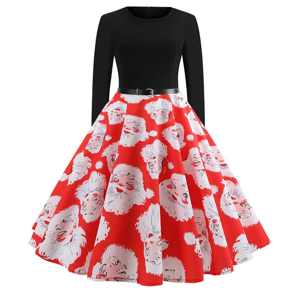 Sunyastor Women Dresses,Elegant Women's Vintage Print Long Sleeve Pleated Dresses Christmas Evening Party Swing Dress