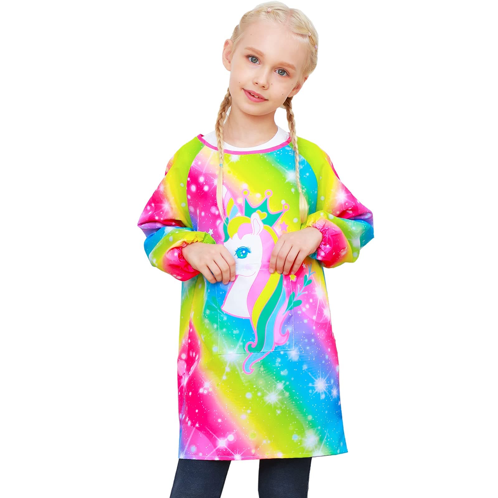 PASHOP Kids Art Smocks Unicorn Waterproof Painting Apron Smock for Girls Boys Long Sleeve Knee Length Artist Smock with Pocket for 3-12 Years (Unicorn A, 3-7 Years)