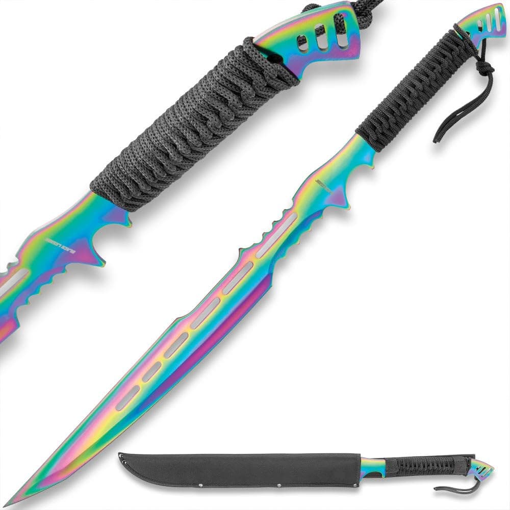 Black Legion Atlantis Fantasy Sword with Sheath | One-Piece Stainless Steel Construction | Rainbow Titanium Coating | Black Cord Grip | Vibrant Fantasy Sword for a Striking Impression | 28" Overall
