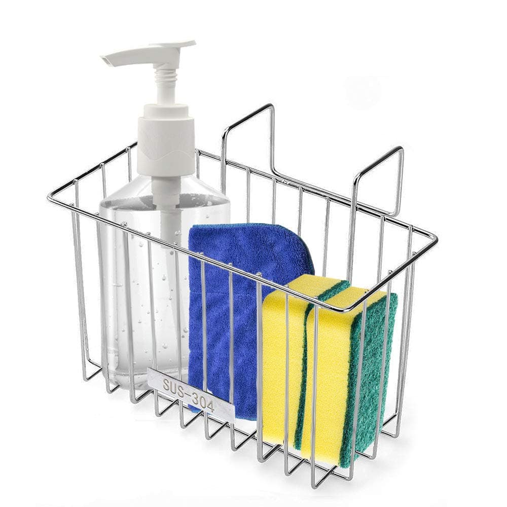304 (18/8) Stainless Steel Kitchen Sink Sponge Holder, Sink Caddy Organizer Dishwashing Liquid Drainer Rack for Sponge, Soap, Brush, Dishwashing Accessories