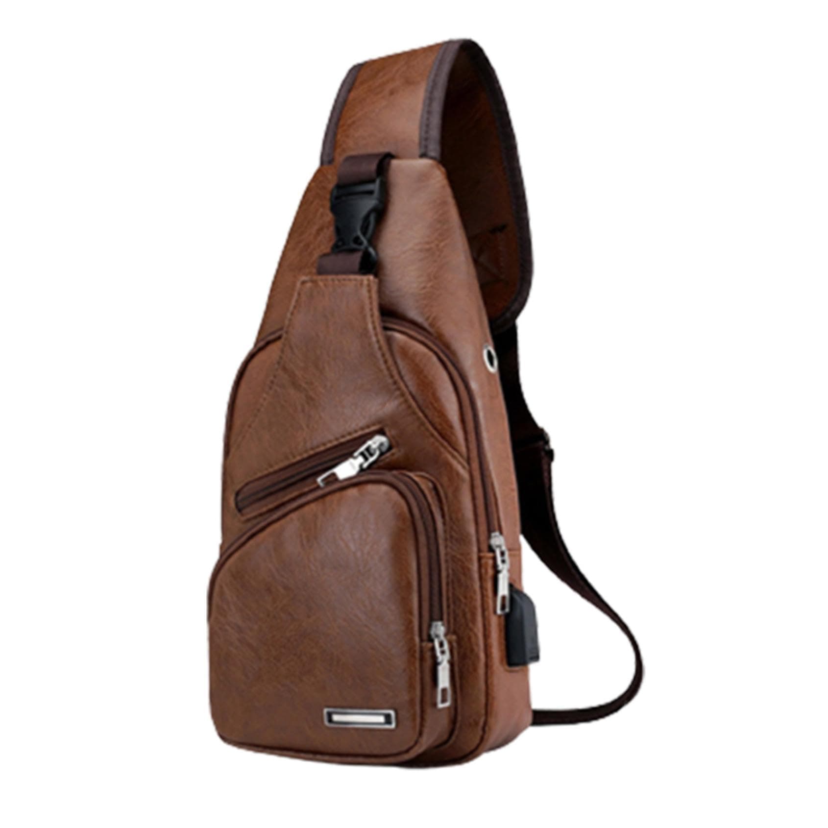 GenericCrossbody Bag Leather Sling Bag Shoulder Backpack Small Leather Crossbody Sling Backpack with USB Charge Port Backpack (Khaki)