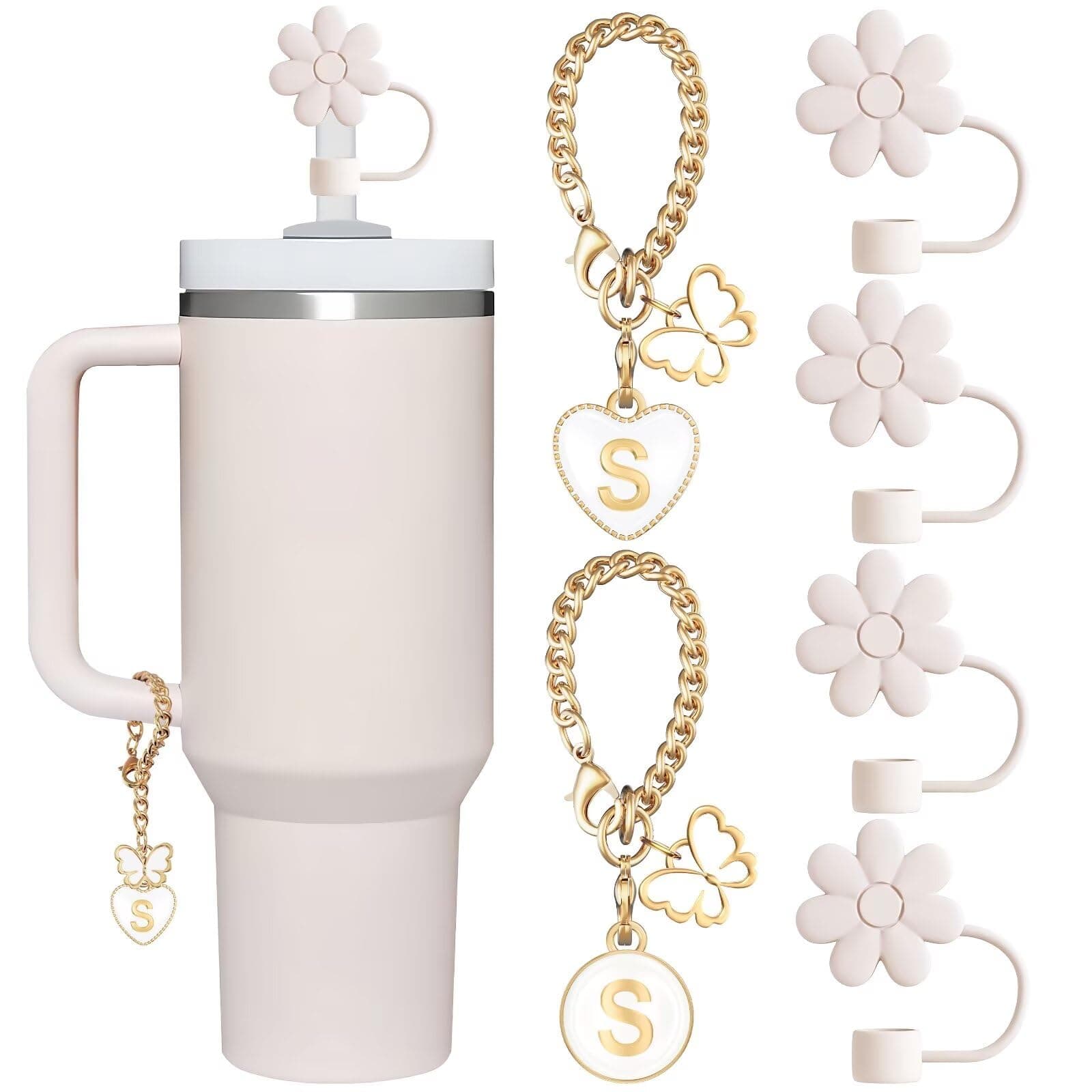 Compatible with Stanley Cup Accessories, 2PCS Butterfly Letter Charms with 4PCS 10mm Stanley Straw Cover Cap for Stanley Cup 30&40 Oz, Silicone Stanley Straw Toppers for Stanley Tumbler(S)
