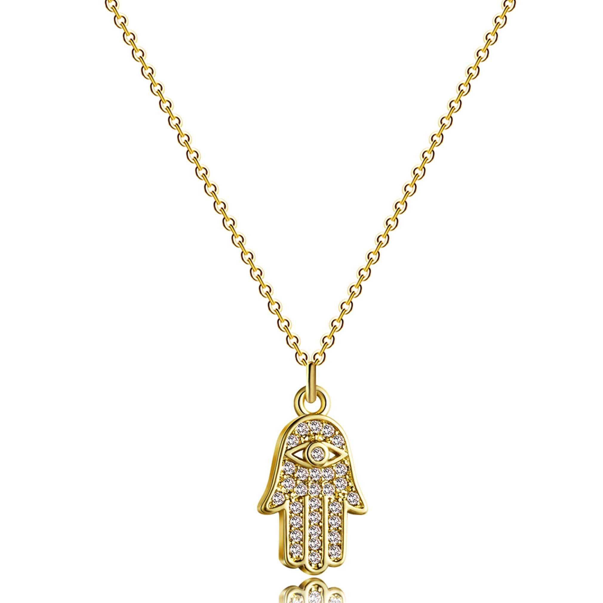 Hamsa Hand Pendant Necklace 14K Gold Plated Cubic Zirconia CZ Hamsa Hand Necklace Dainty Evil Eye Necklace for Women Handmade Necklace Gift for Her