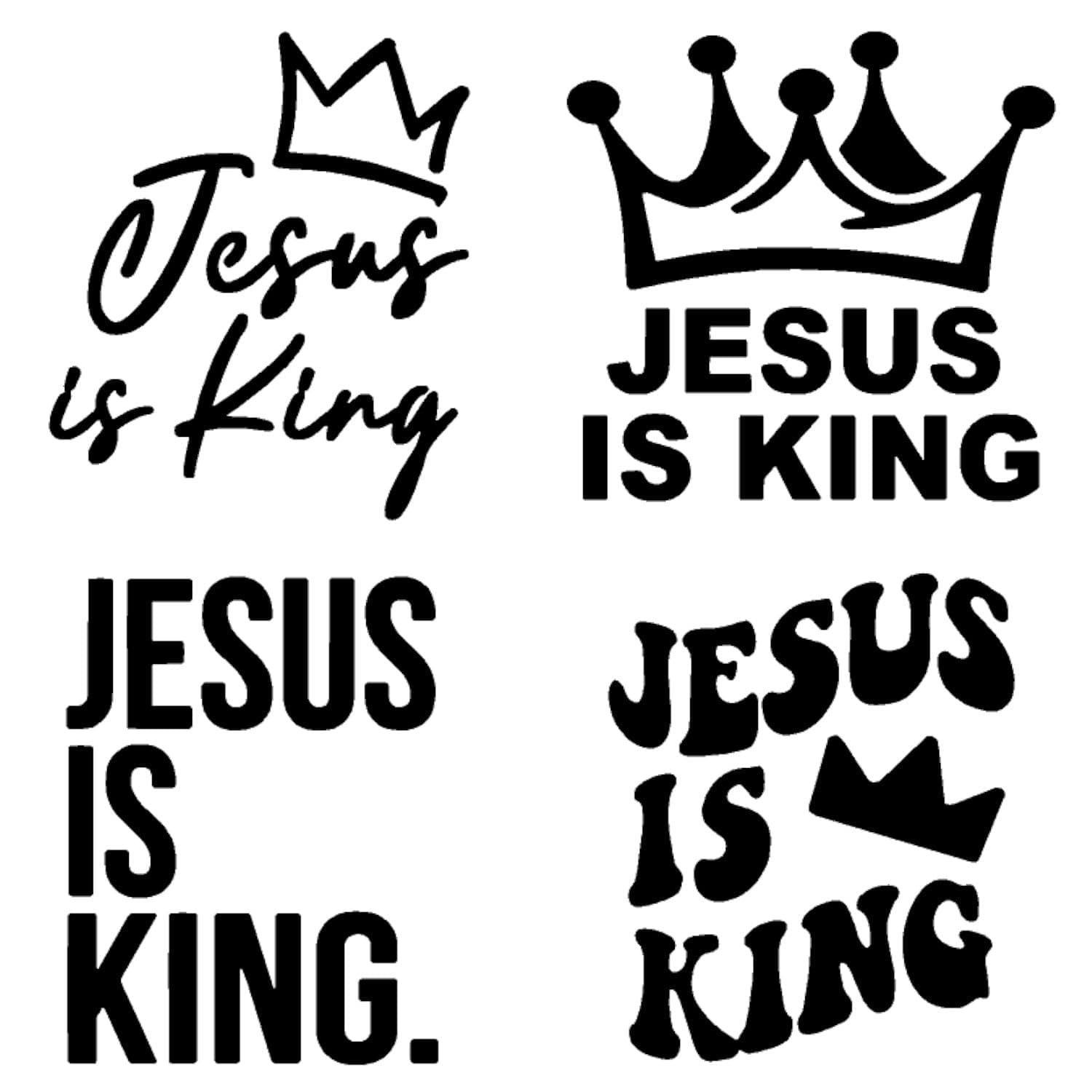 Jesus is King Decals 4 Pack: Jesus Crown, Cursive Decals (Black, Small 3.5")