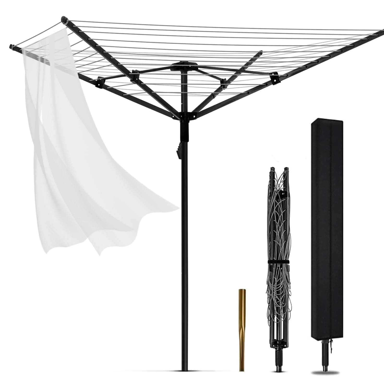 Umbrella Clothesline Outdoor, Rotary Retractable Clothes Line Outdoors Adjustable Height Drying Rack Clothing 4 Arms 12 Lines with 165 Feet Heavy Duty Outdoor Clothesline for Backyard