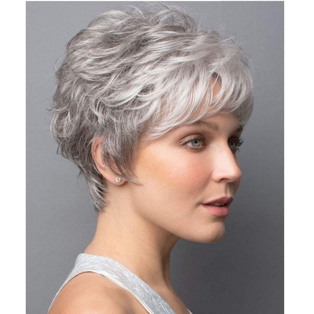 Short Gray Wigs for White Women Slightly Curly Wavy Hair Wigs Heat Resistant Synthetic Full Wigs for Daily Party with Free Wig Cap (Grey Mixed White) MLS041