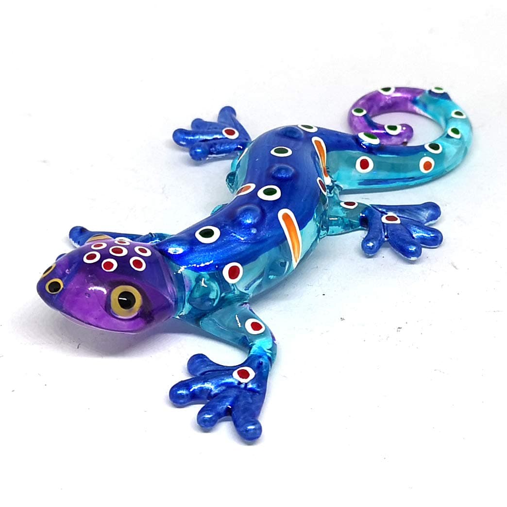 Glass Gecko Figurine Blue Miniature Hand Blown Lampwork Animal Statue Decor