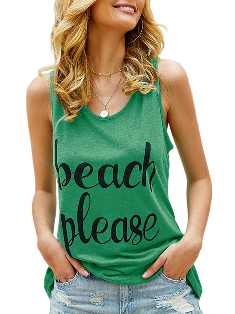 Women's Graphic Tank Shirt Beach Please Summer Casual Cute Sleeveless Tanks, Army Green, Small