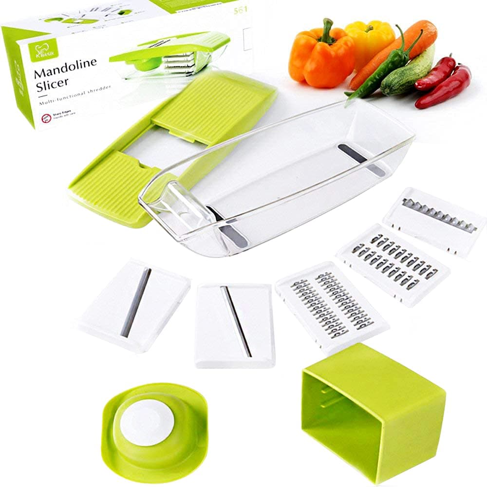 K BASIX Mandoline Slicer Spiralizer, Adjustable Vegetable Cutter, Food Slicer, 5 in 1 Built-in Ultra Sharp Interchangeable Stainless Steel Blades Potato Slicer, Vegetable Julienne, Food Storage