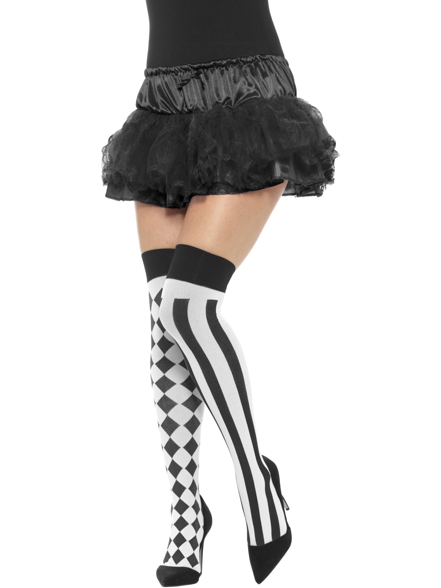 Smiffys Harlequin Hold Ups for Women, White and Black Over the Knee Stockings, Circus Fancy Dress Costume Accessory, Jester or Clown Themed Tights