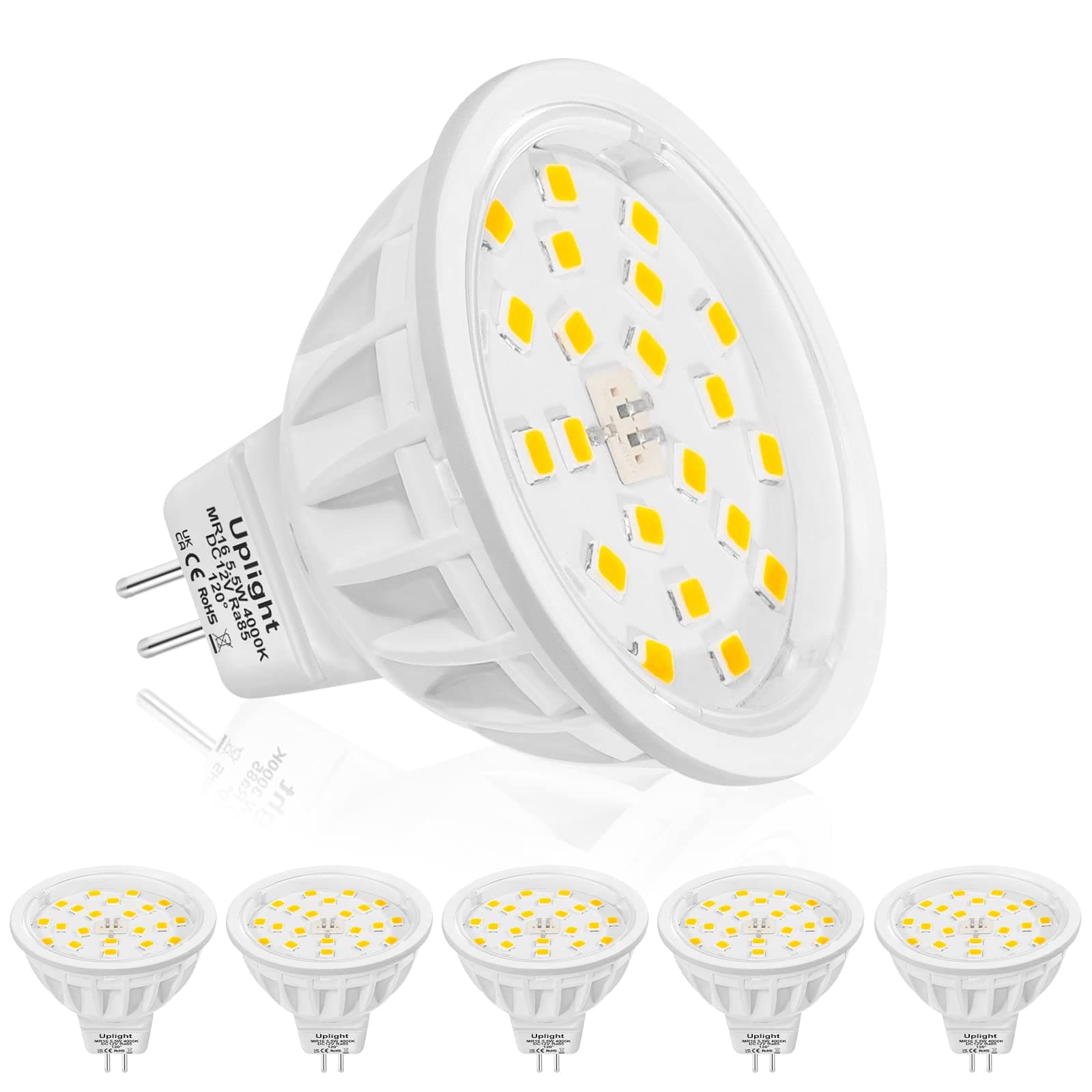 Uplight 5.5W GU5.3 MR16 LED Bulbs,Natural White 4000K,Equivalent 50-60W Halogen Bulbs,Non Dimmable DC12V GU5.3 Spotlight,600LM Ra85,120°Beam Angle,6 Pack.