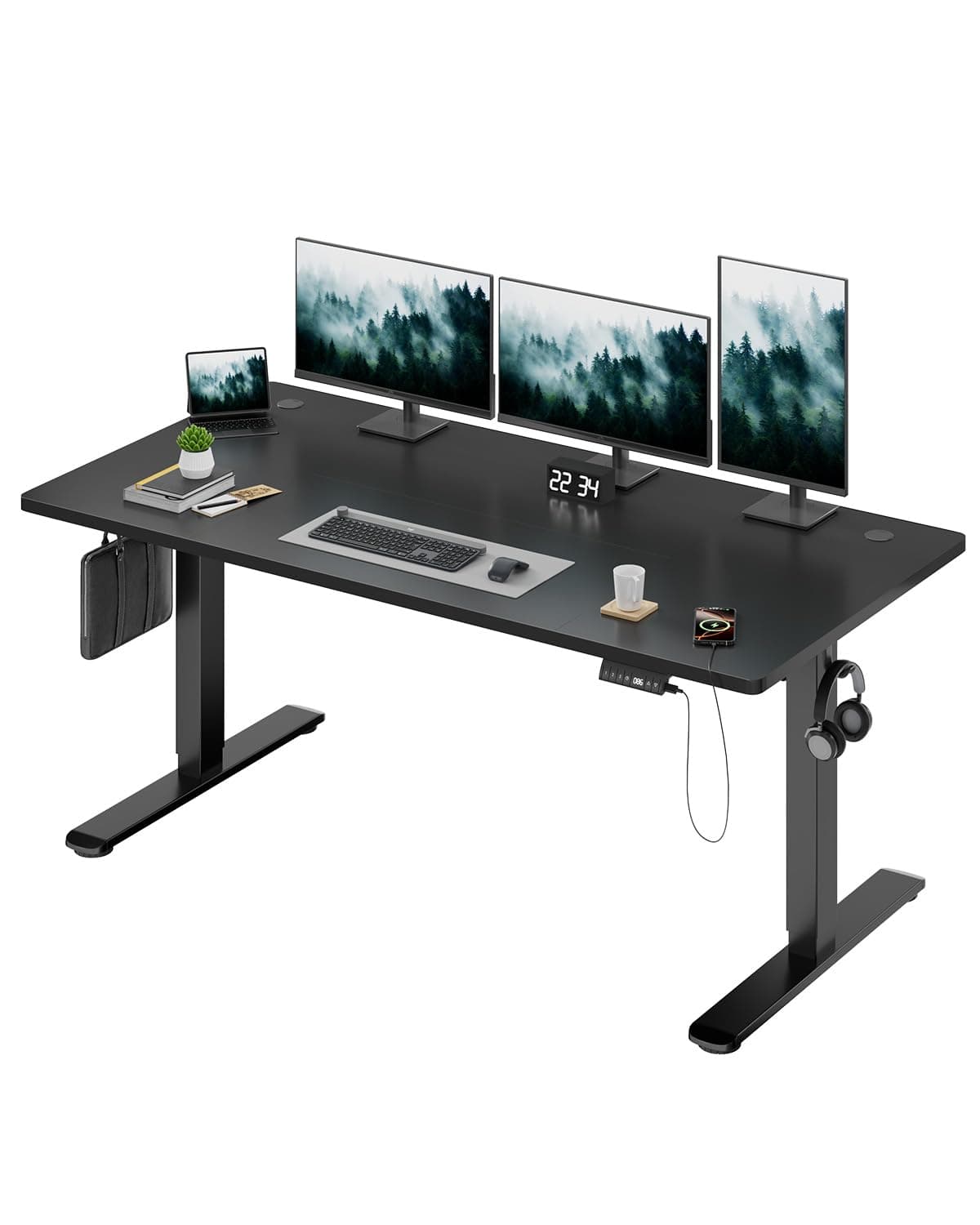 Devoko Electric Standing Desk 160x80cm, 18mm Thick Tabletop, Sit-Stand Height Adjustable with Sedentary Reminder, USB Charging Port, 3 Memory Smart Panel, Heavy-Duty Steel Frame (Black)