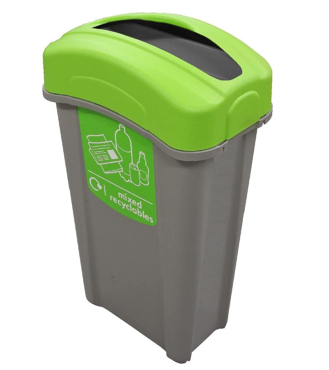 Eco Nexus 85 Mixed Recyclables Recycling Bin (Grey, Green Sticker) – 85-Litre Mixed Waste Bin with Narrow Footprint – Slim Indoor Recycling Container
