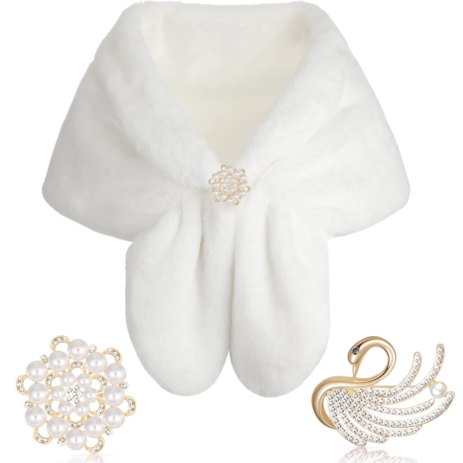 Geyoga Faux Fur Shawl Wrap Stole Shrug Winter Bridal Wedding Scarf Wrap with Faux Pearl Rhinestone Brooches for Women 1920s