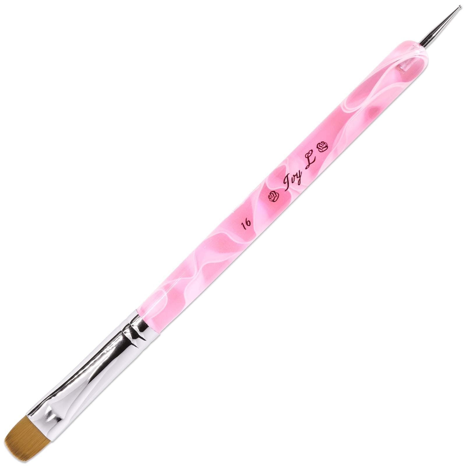 Ivy-L Premium 2 Ways French Gel Acrylic Nail Art Kolinsky Brush with Dotting Tool for Professional Manicure Nail Art Design Cuticle Clean-up + Pink Marble Acrylic Handle (Size # 16, Pink Marble)