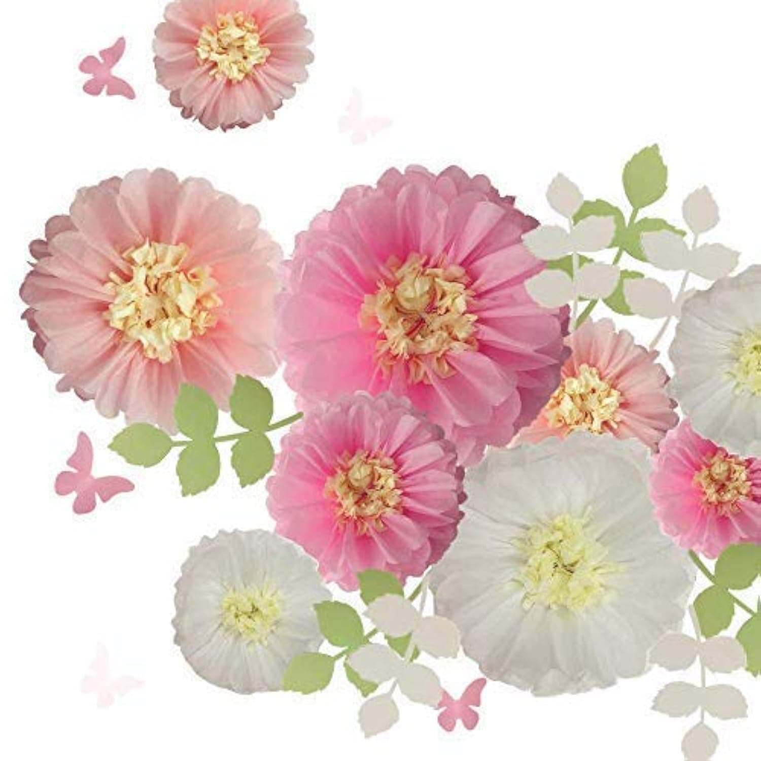Fonder Mols Tissue Paper Chrysanth Flowers with Butterfly and Olive Leaves for Wedding Baby Shower Nursery Room Parties & Events Decorations Pom Poms (White Light Pink Pink)