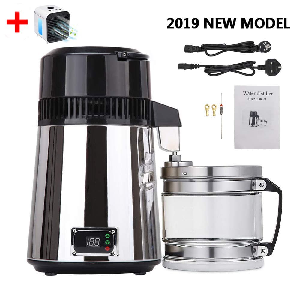 ZEHNHASE Home Water Distiller,4L 750W Stainless Steel with Glass Collection Bottle Pure Water Distillation Filters Digital Control Water Purifier with Handle Double Buttons