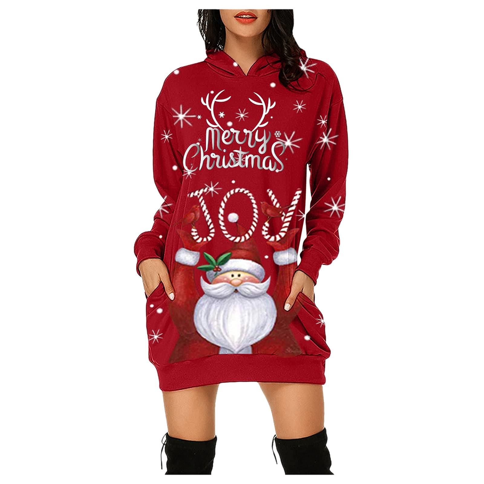 Midi Dresses Women's Festive Christmas Jumper Print Long Sleeves Hoodie Sweater Dress Large Sizes Hoodie Xmas Hoodie Women's Dress Festive with Hood Christmas Dresses