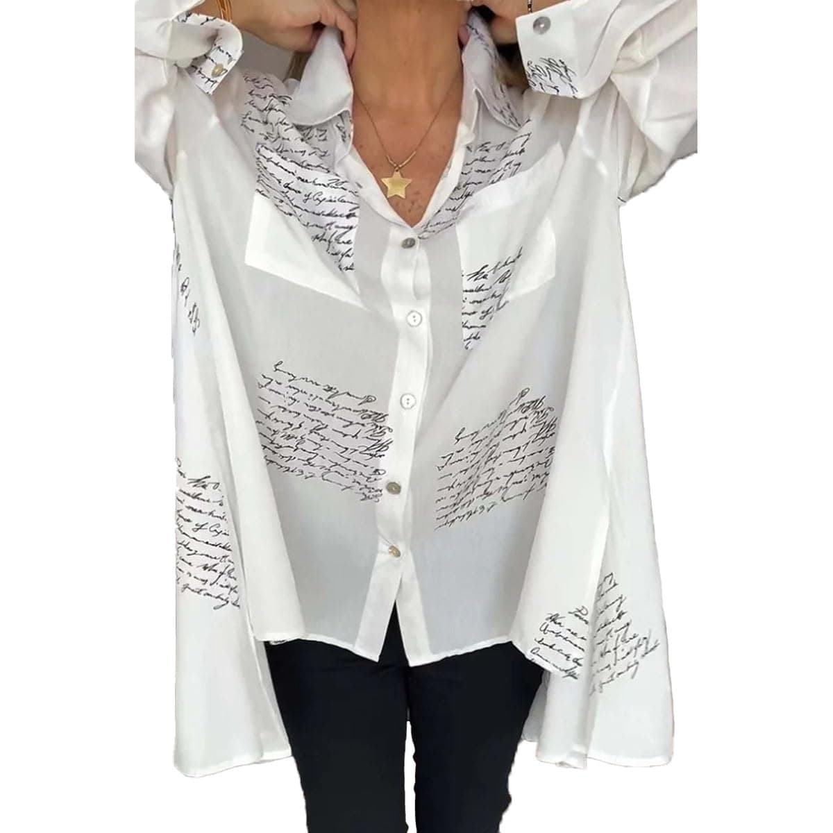 Letter Print Fashion Lapel Shirt, Spring Newspaper Print Shirt Tops, Women's Long Sleeve Shirts Casual Loose Blouse Tops