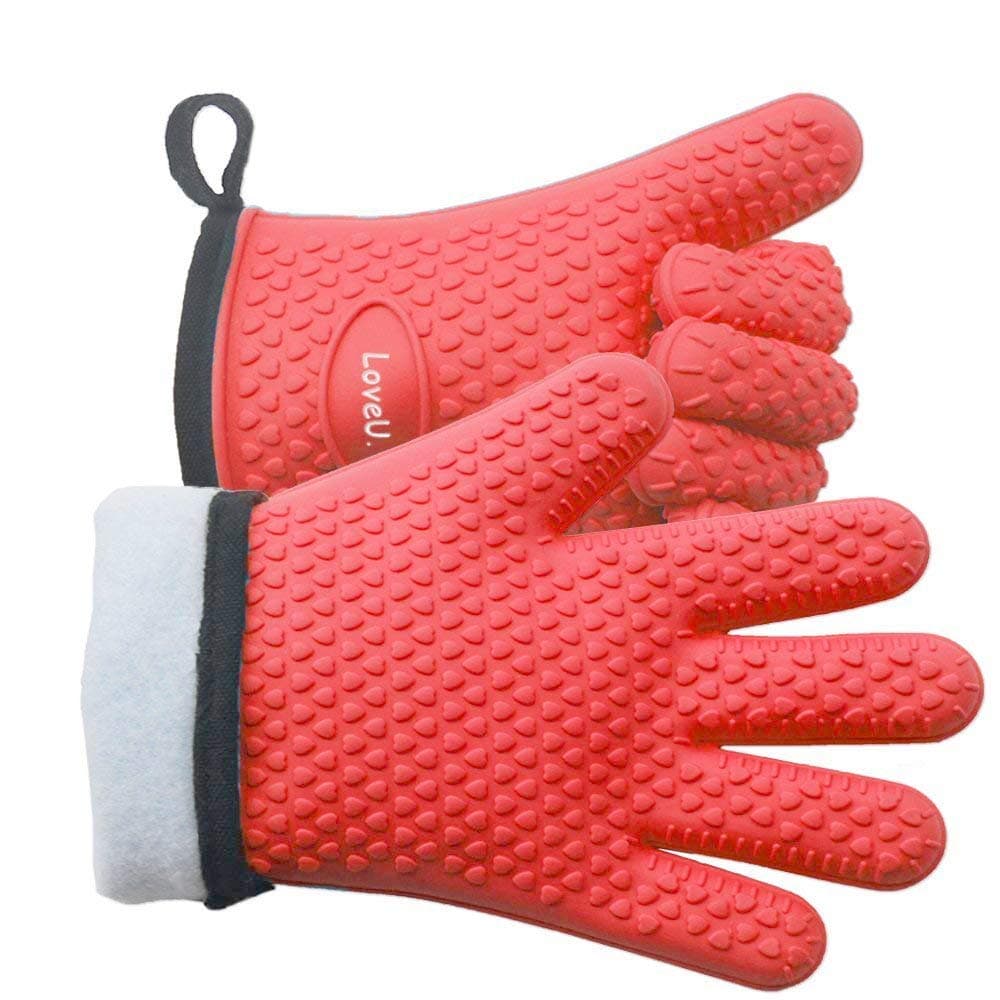 Kitchen Oven Gloves - Dual-Layer Heat Resistant Grilling Gloves, Silicone Oven Mitts with 5 Fingers, Waterproof Non-Slip Pot Holder for Barbecue, Cooking, Baking (Red)