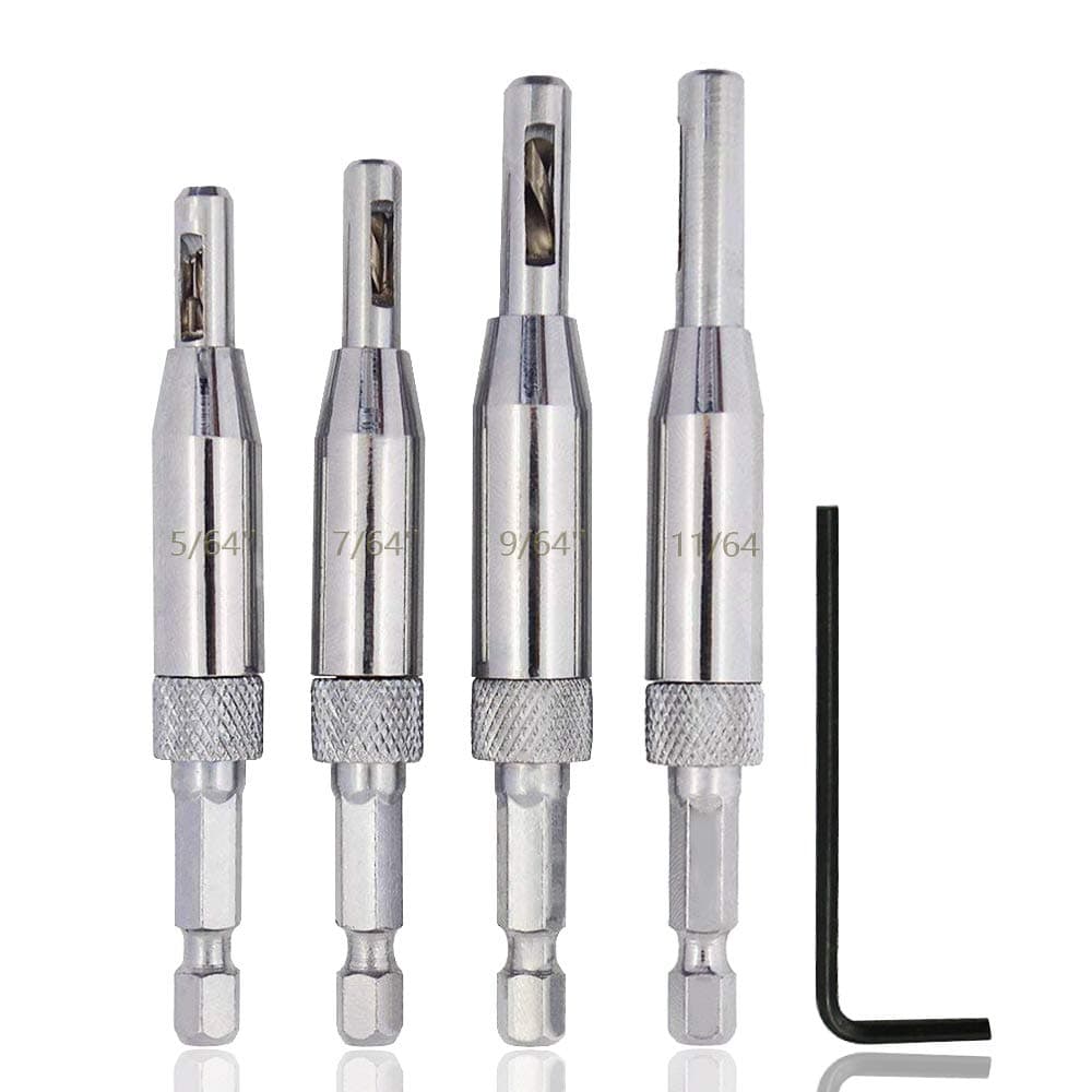 Saiper 4pcs HSS Door Self Centering Hinge Hole Opening Drill Bit Set, 1/4" Hex Shank Doors Cabinet Hinge Drill Bits Tool Set (5/64", 7/64", 9/64", 11/64")