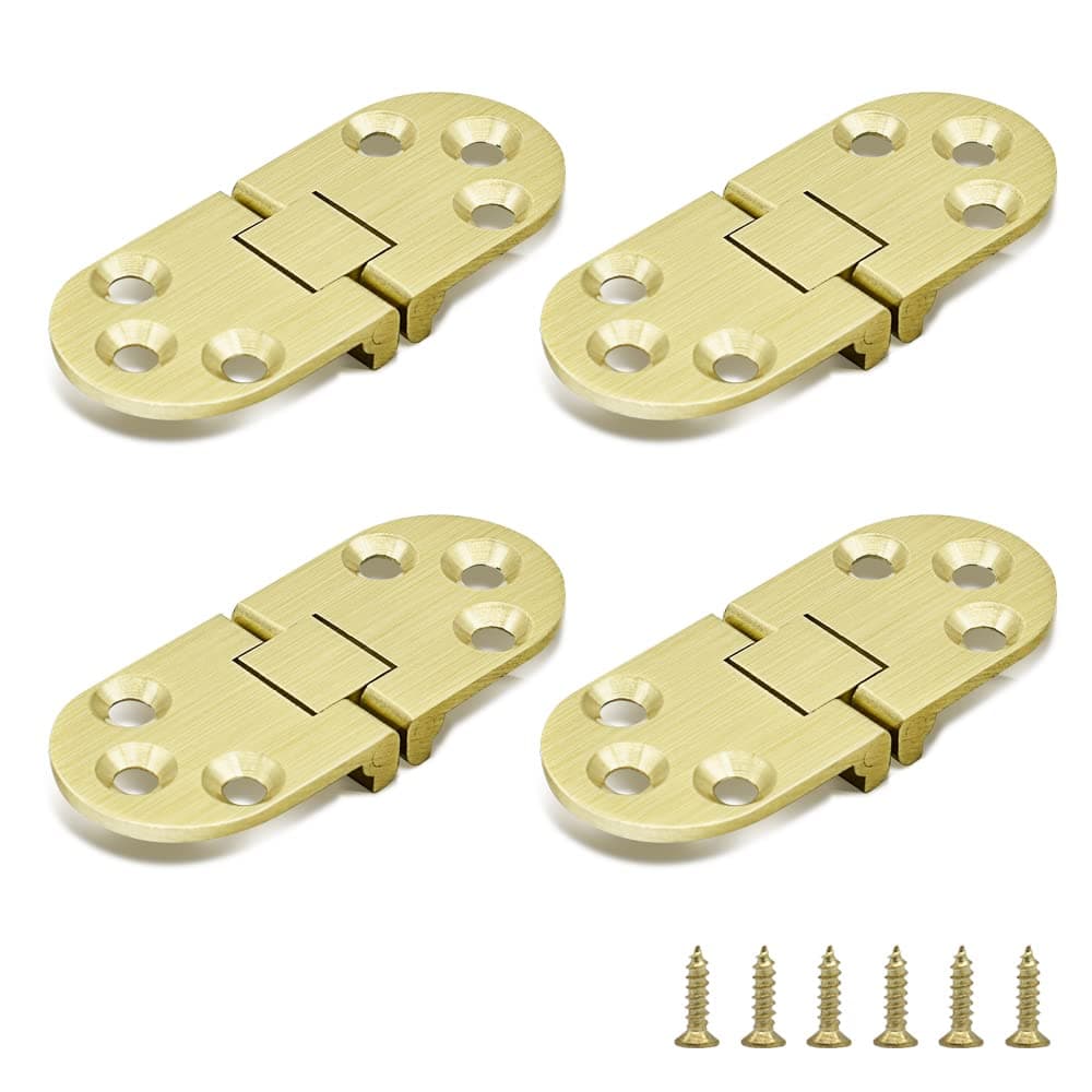 4 Pcs Brass Butler Tray Hinge Round Edge, 180 Degree Folding Flip Top Ellipse Table Clamshell Hinge for Folding Furniture Sewing Machine with Screws