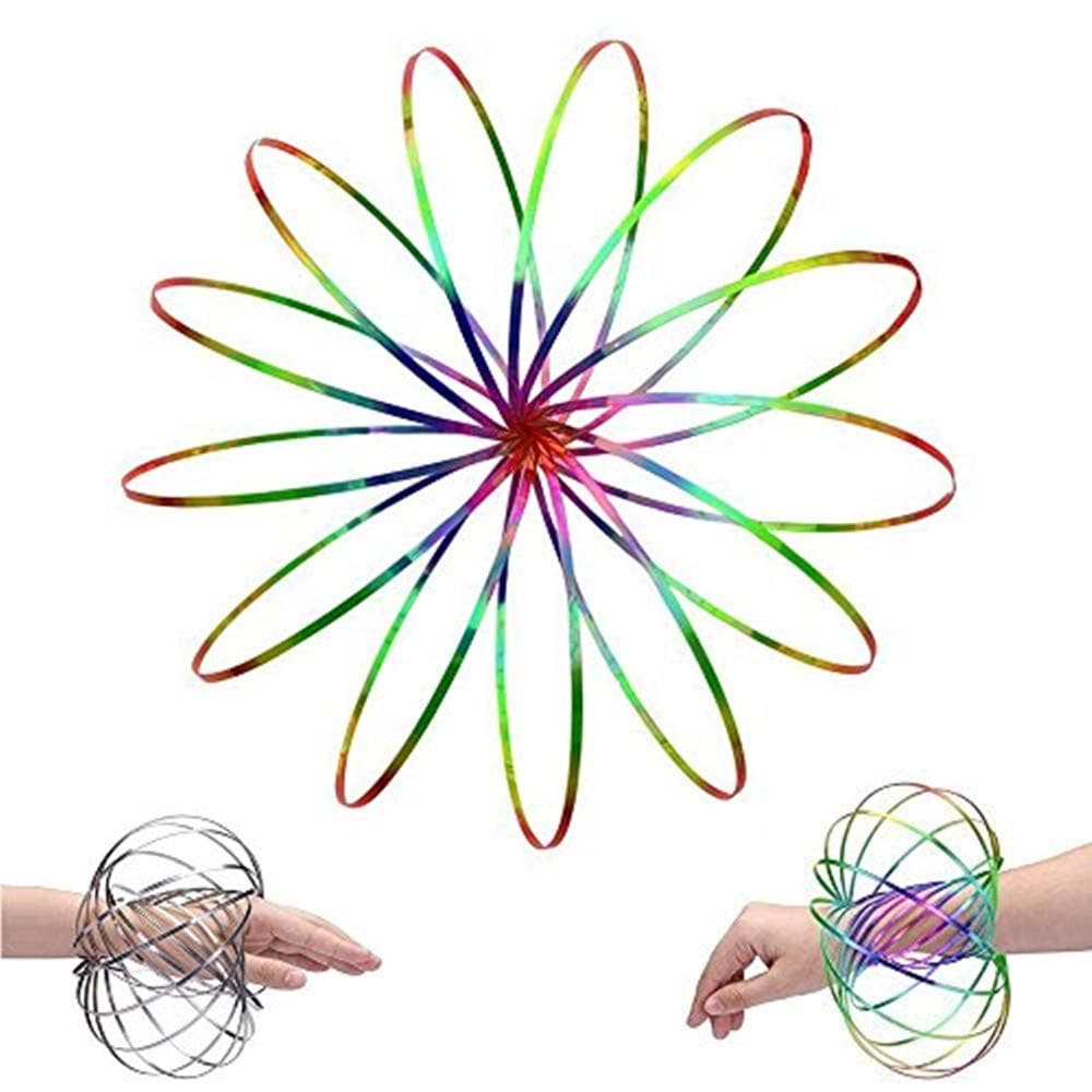 LIDANDAN Flow Rings, Kinetic Rings Toy Fidget Slinky 3D Spring Toy Sculpture Ring Game Toy Rainbow and Silver 2-Pack for Kids Boys and Girl, Rave Accessories, Festival Accessories(Rainbow-Silver)