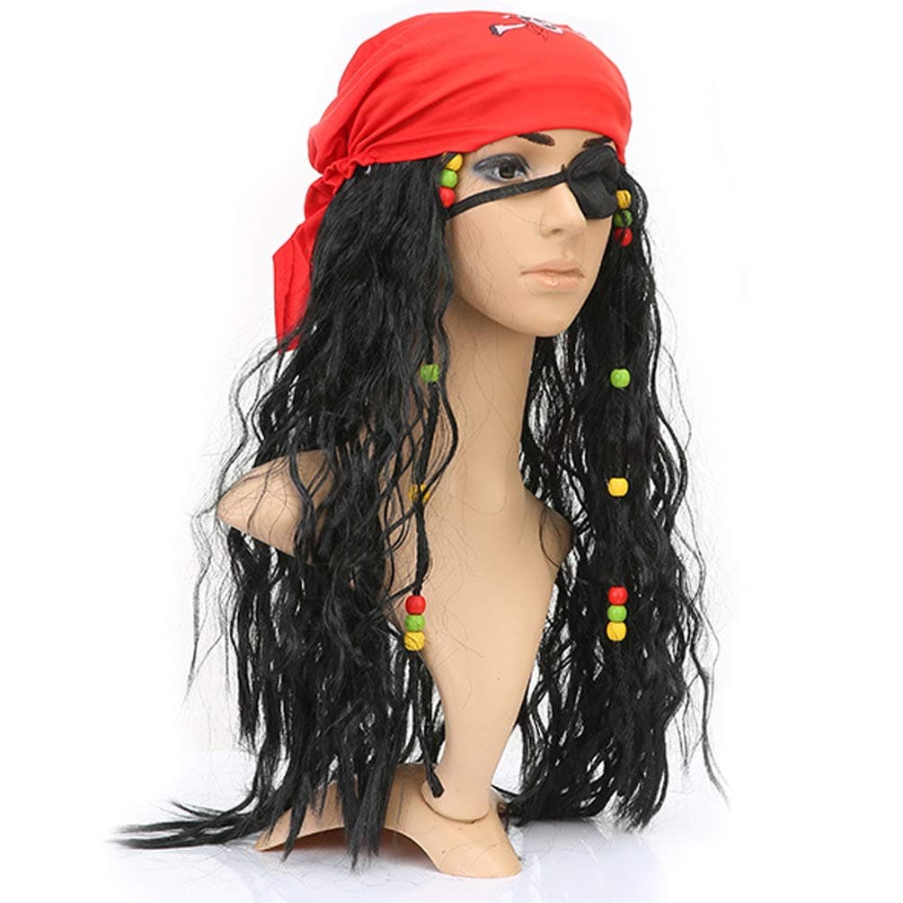 Boieo Black Curly Pirate Captain Hook Cosplay Costume Long Hair Wig Eye Patch Scarf Bulk Set for Kids Adult Halloween Masquerade Party Decorations