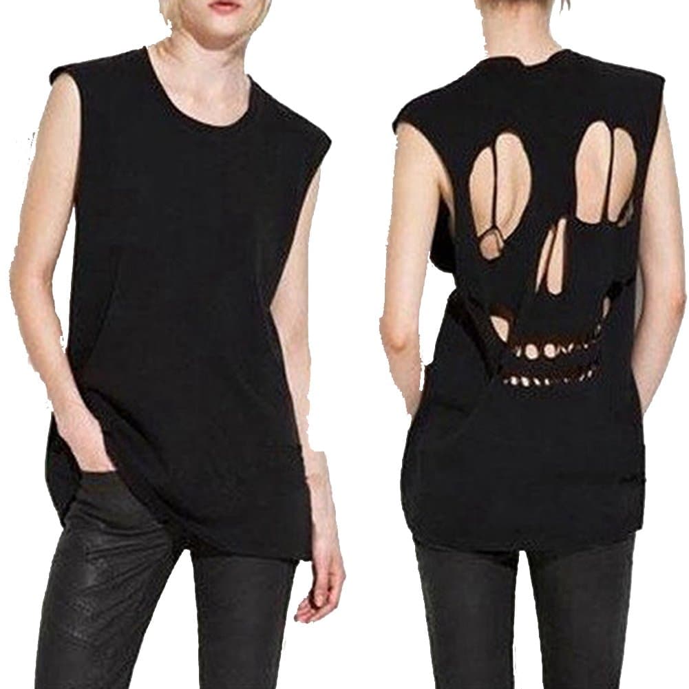 Women Casual Sleeveless Back Hollow Skull Pattern Black T Shirt
