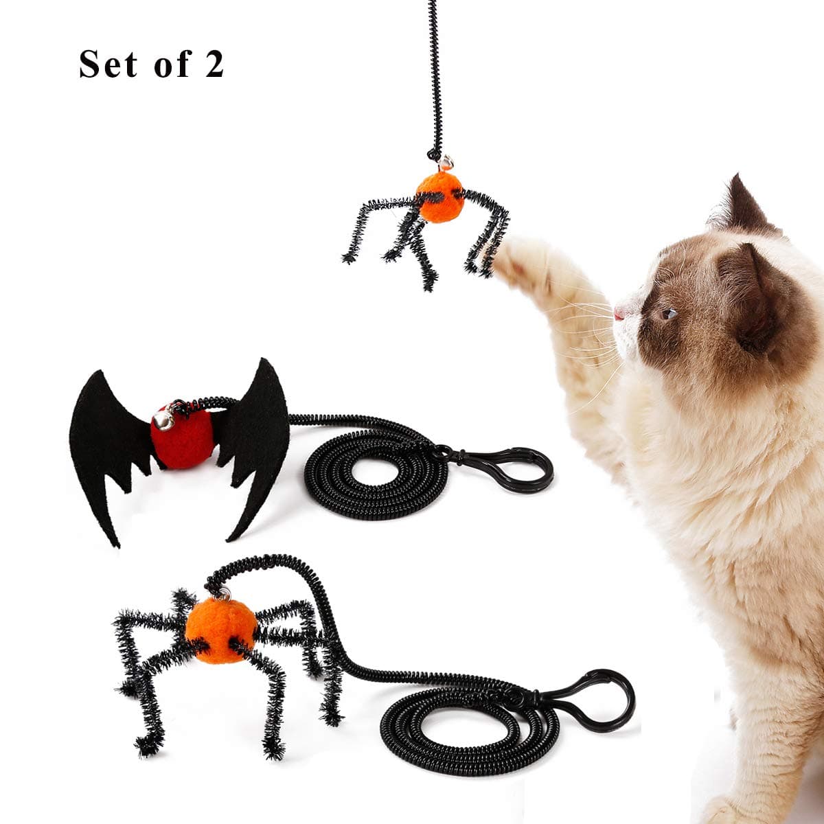 Speedy Pet Cat Kitten Toys, Cat Halloween Spider Bat Design Springs Finger Interactive Pet Teaser Toy with Bell (Spider + Bat)
