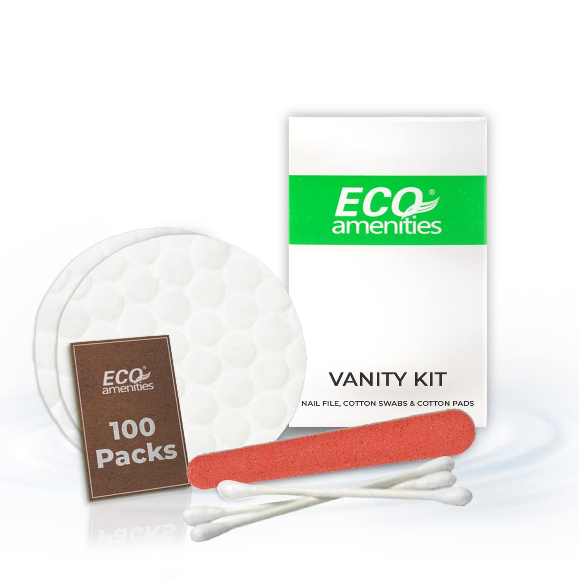 ECO amenities Cotton Rounds Travel Set - Individually Wrapped Cotton Swabs - Disposable Nail File Kit - Bulk Hotel Vanity Kit - 500-Piece Set, White