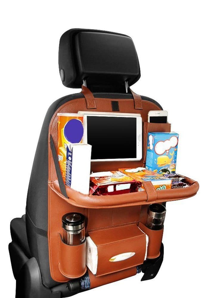 Requlu 2 Packs PU Leather Car Backseat Organizer Storage Bag Pocket Protector for Bottle Phone Tissue Box (Brown)