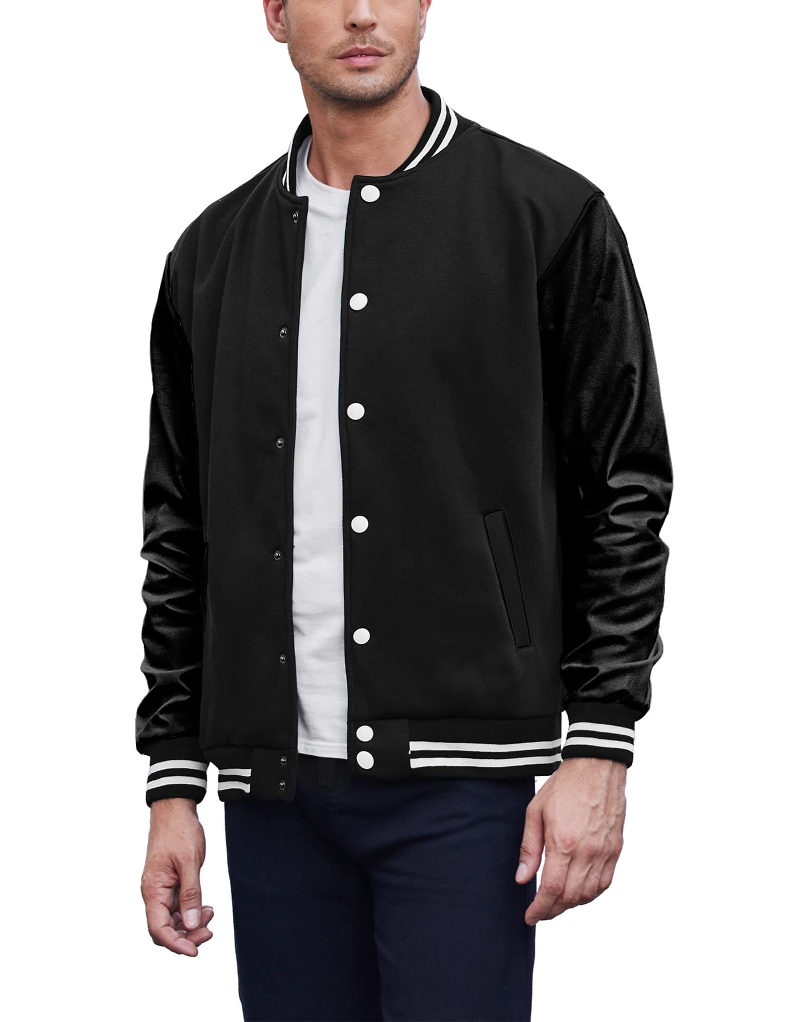 Mens Fashion Varsity Jackets Leather Sleeve Slim Fit College Baseball Letterman Bomber Coat