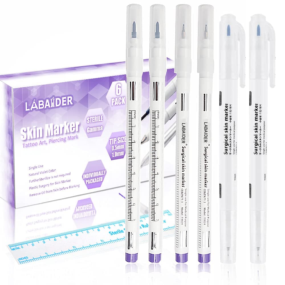 LabAider 6Pcs Professional Surgical Tip Skin Marker Pen Sterile Tattoo Stencil Markers Pen with Paper Ruler for Eyebrow, Lips - Individually Wrapped (0.5MM&1MM)