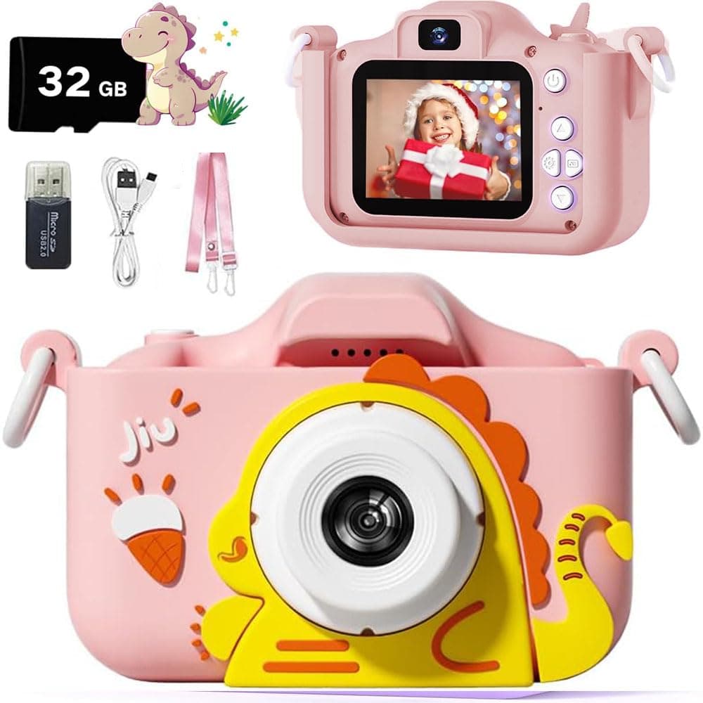 Kids Camera Toys for 3-12 Years Old Boys and Girls with Protective Silicone Cover,Christmas Birthday Gifts with 32GB SD Card Little Monster Pink
