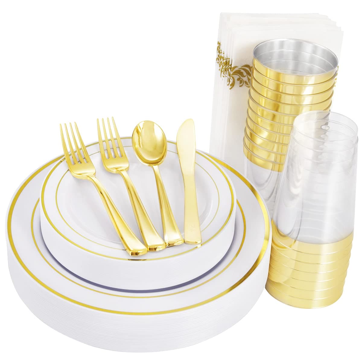 supernal200 Gold Plastic Plates,Gold Plastic Silverware, Disposable Plastic Cups Disposable Cutlery,Plastic Dinnerware Suit for Birthday,Bridal Shower,Party, Wedding
