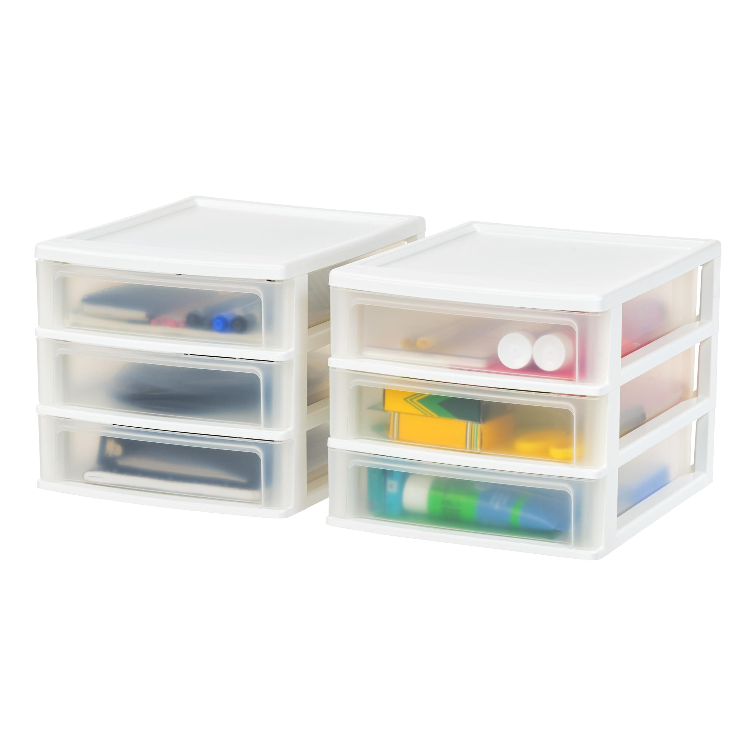 IRIS USA Medium 3-Drawer Desktop Organizer with Open Tray Top, 2 Pack, Plastic Drawer Storage Container for Stationery Art Craft Supplies, White