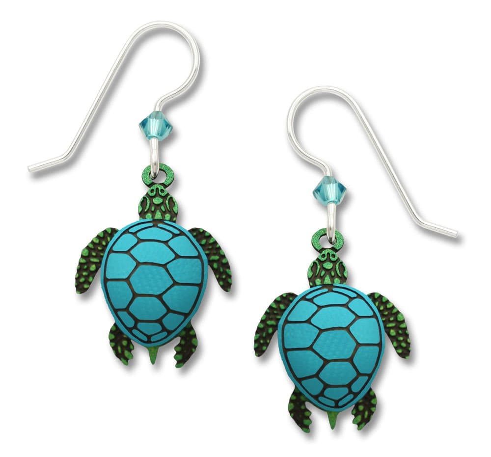 Sea Turtle Dangle Earrings - Green with Blue Shell - 925 Sterling Silver Ear Wires