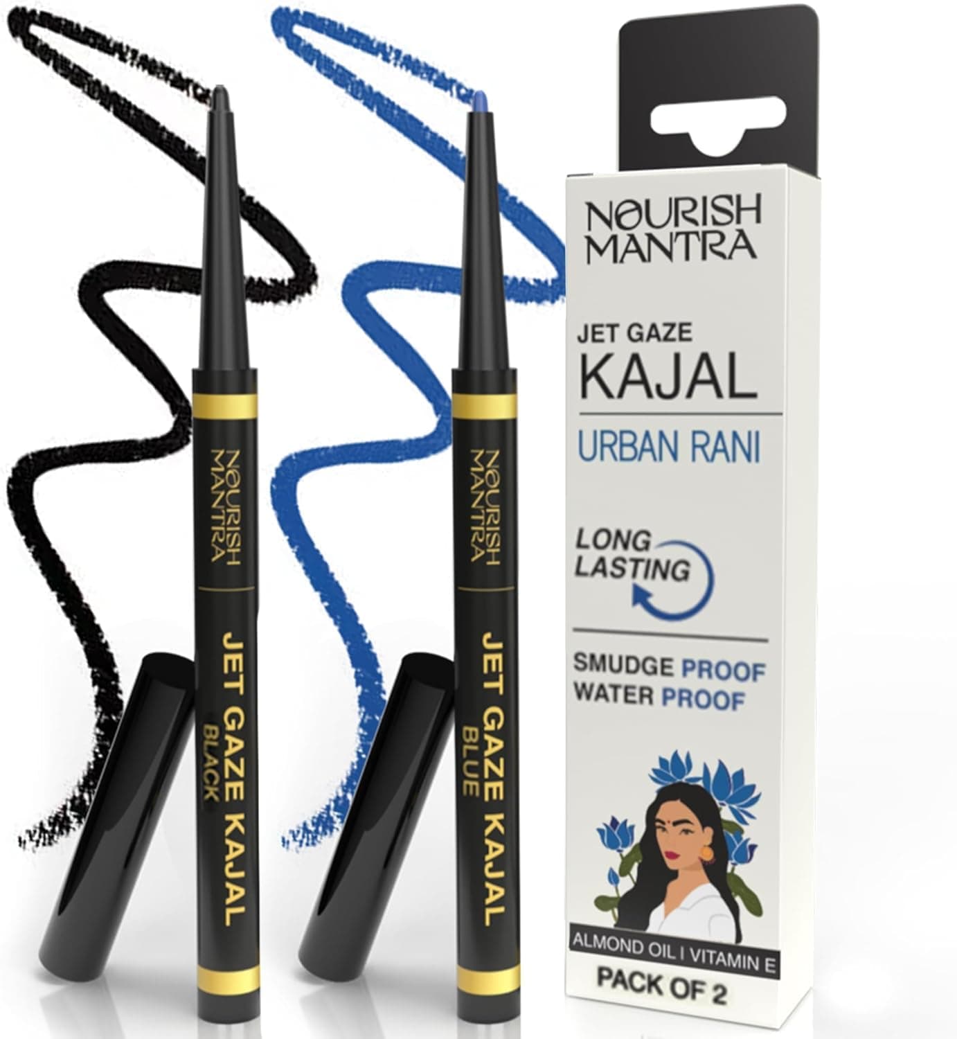 Jet Gaze Kajal Urban Rani - Combo - Black & Blue 0.35g | With Almond Oil, Argan Oil & Vitamin E | Intense Pigmentation | Smudge Proof | Water Proof | Long Lasting