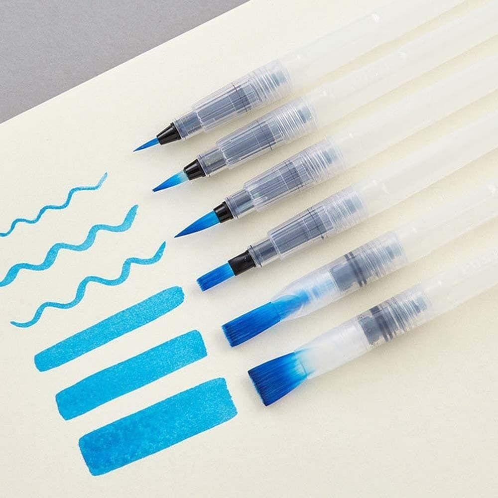 QataliticWater Brush Pens Set Of 6 Different Sizes (3 Round Tips And 3 Flat) Both In Fine, Medium & Large - Great For Watercolor Paints, Illustrations, Calligraphy, Markers - Multicolor