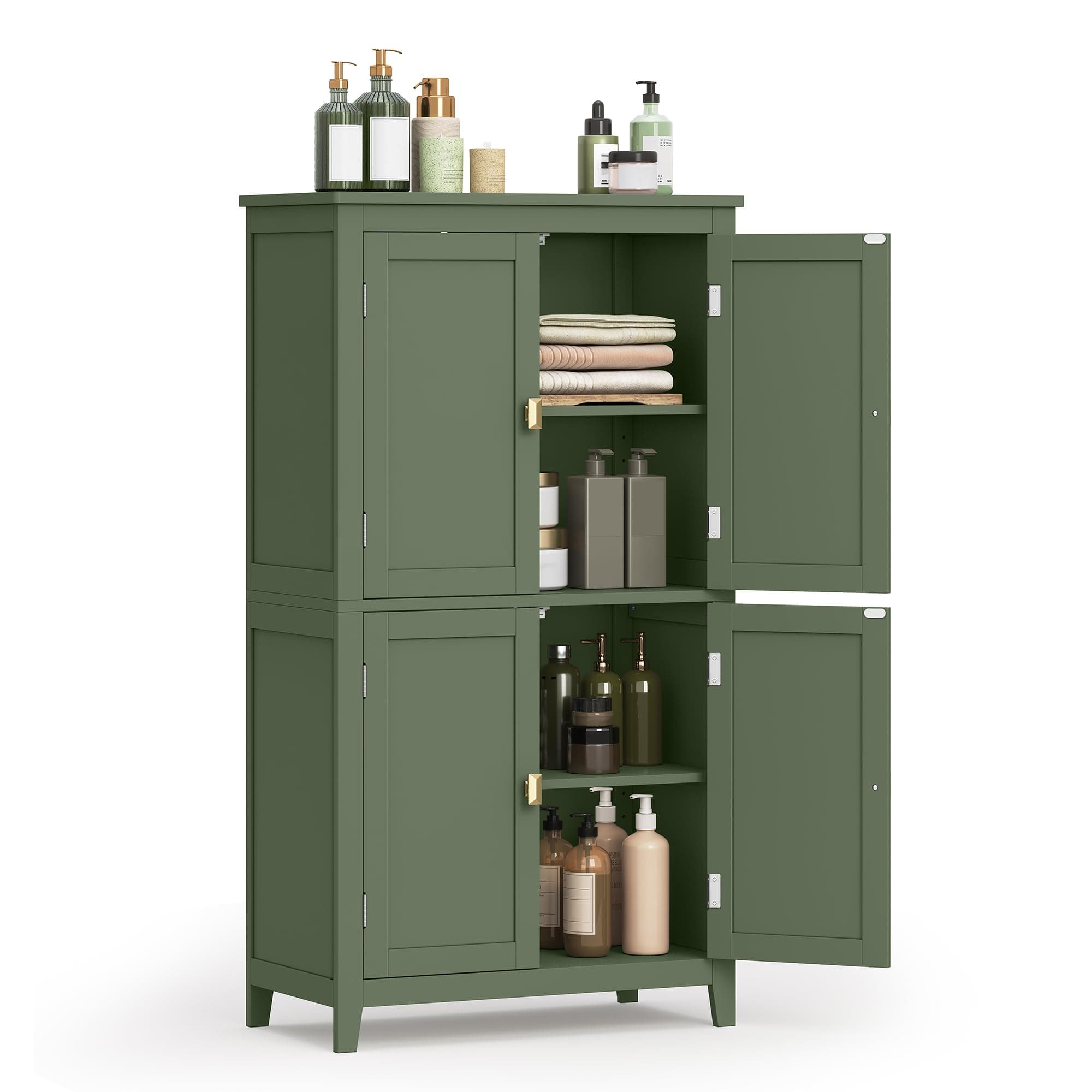 VASAGLE Floor Storage Cabinet, Freestanding Storage Unit with 4 Doors, Adjustable Shelves, 11.8 x 23.6 x 43.3 Inches, for Entryway, Bathroom, Forest Green UBBC552C01
