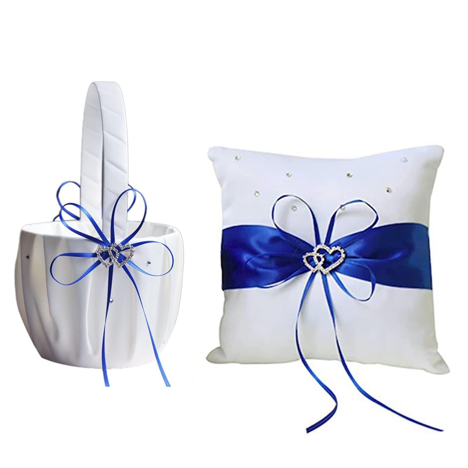 WERTSWFWedding Ring Bearer Pillow and Flower Girl Basket - Royal Blue Ribbon,Double Heart Rhinestone Satin Petals Basket Ring Cushion